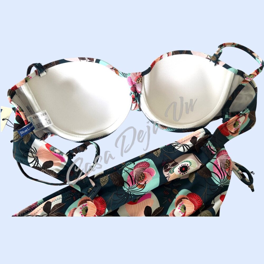 Blue Lovers Tropical Navy & Floral Underwire Cinch Hip 2 pc Bikini Size 12 - Picture 3 of 8